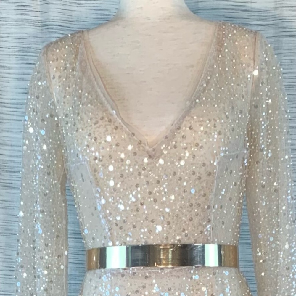 Bliss Cream Long Sleeve Plunge Gown - Picture 4 of 16